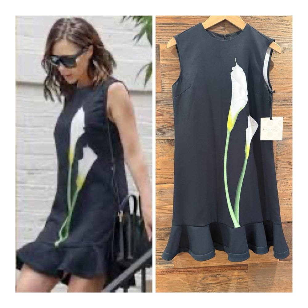 Victoria Beckham Black Sheath Dress with White Floral Design NWT